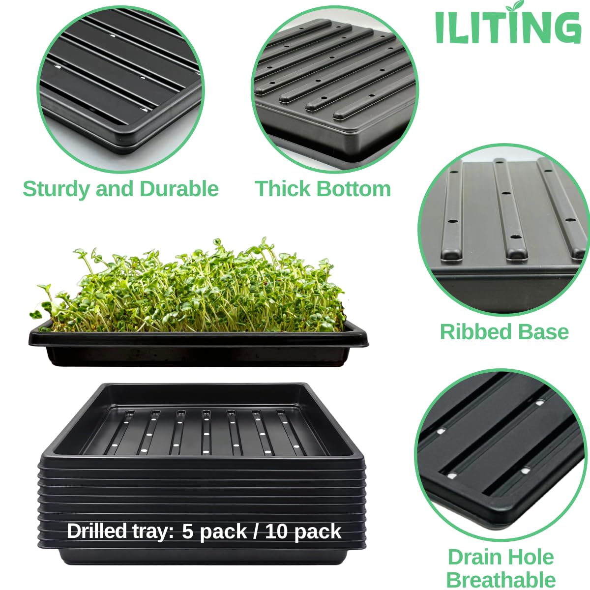 ILITING trays stacked for space-saving storage in a greenhouse or balcony setup.
