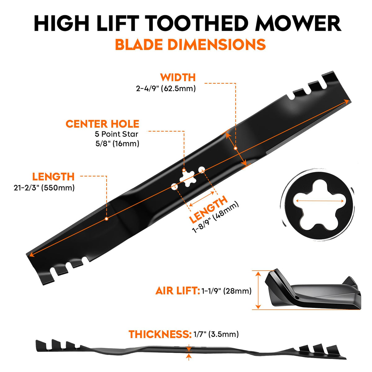 ILONPA 5-star blade packaging showcasing universal compatibility with common 22 inch decks.