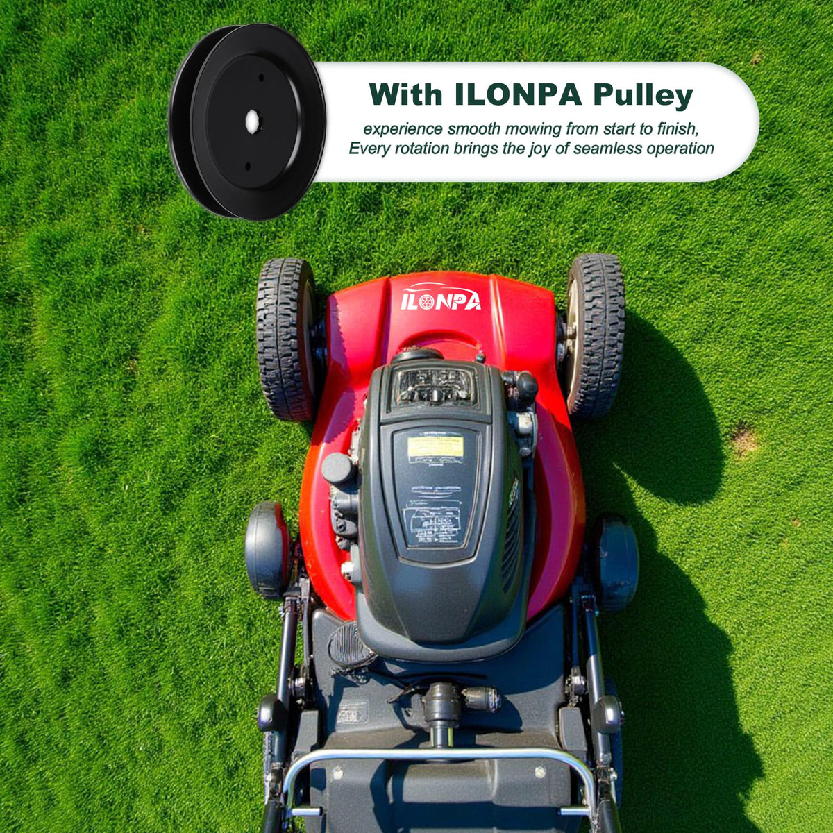 ILONPA deck pulley core durability shot emphasizes reliable blade drive.