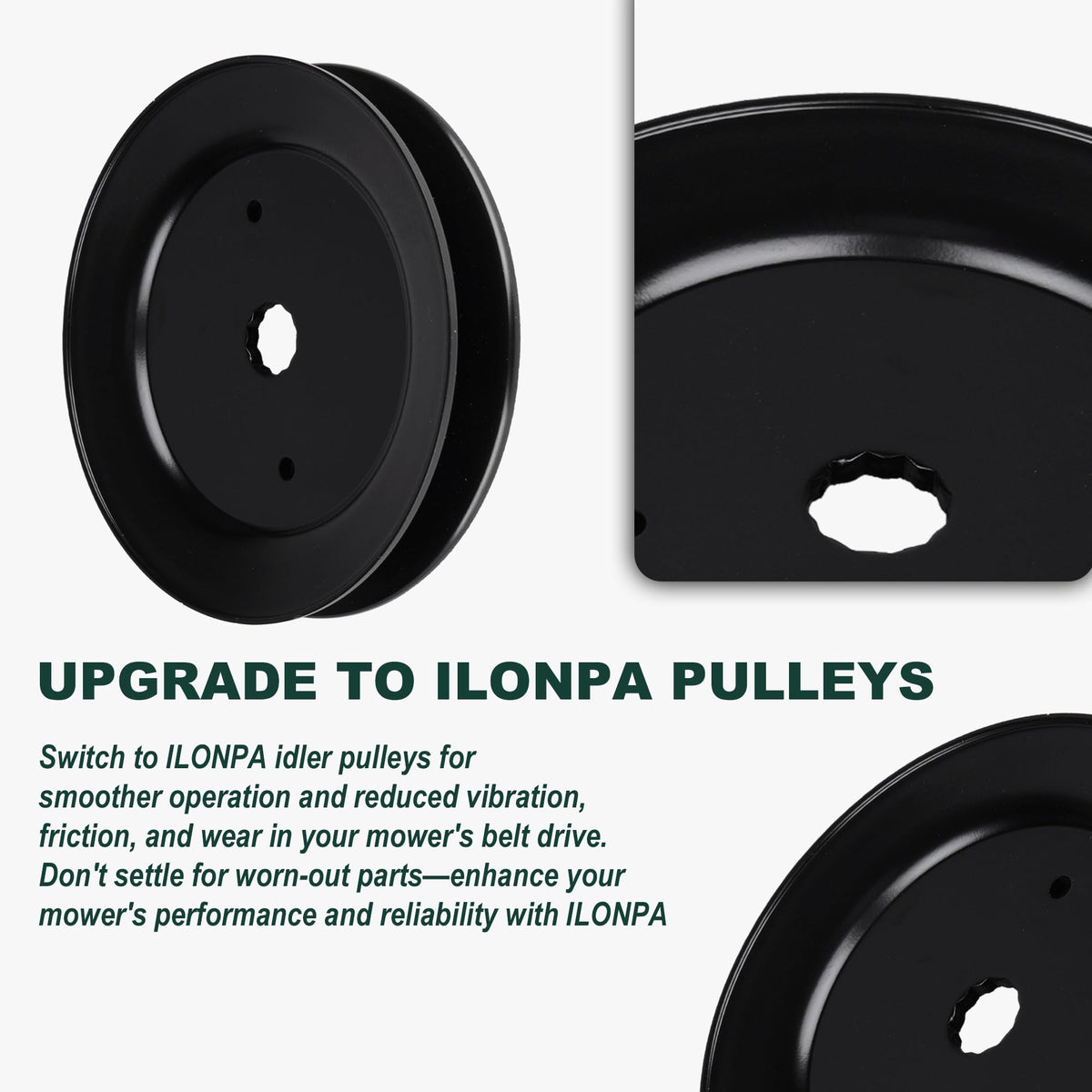 ILONPA idler pulley detail highlights durable construction for long-lasting mower performance.