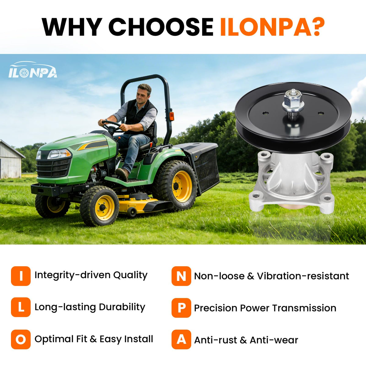 ILONPA spindle-assembly and pulley kit for 2042LS and YTH-series equipment.