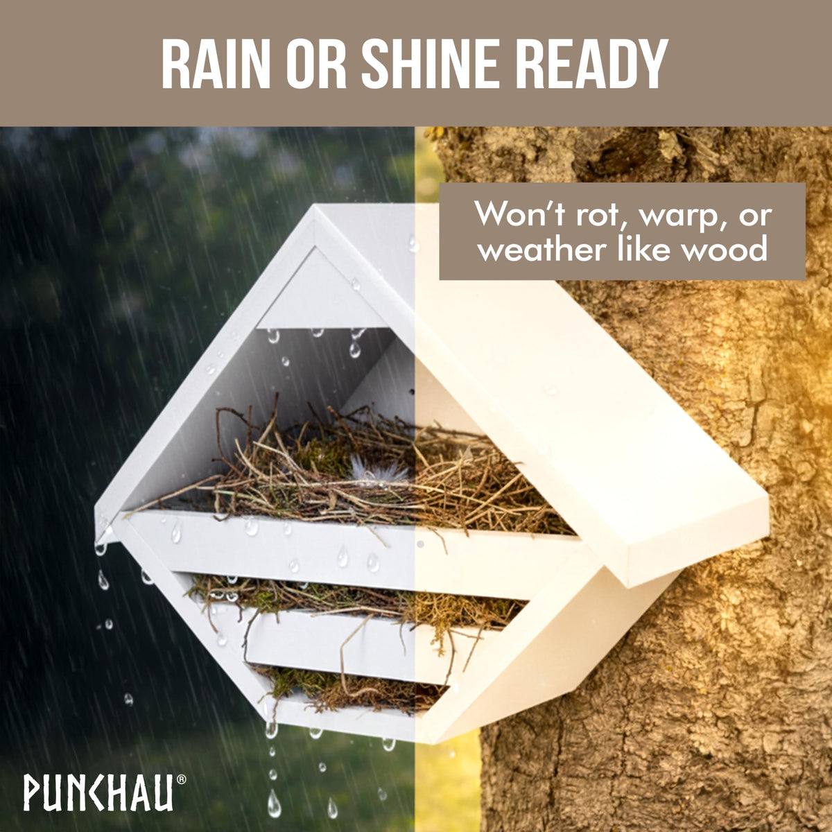 Ilyapa Punchau weatherproof nesting box wide front view emphasizes elevated shelter