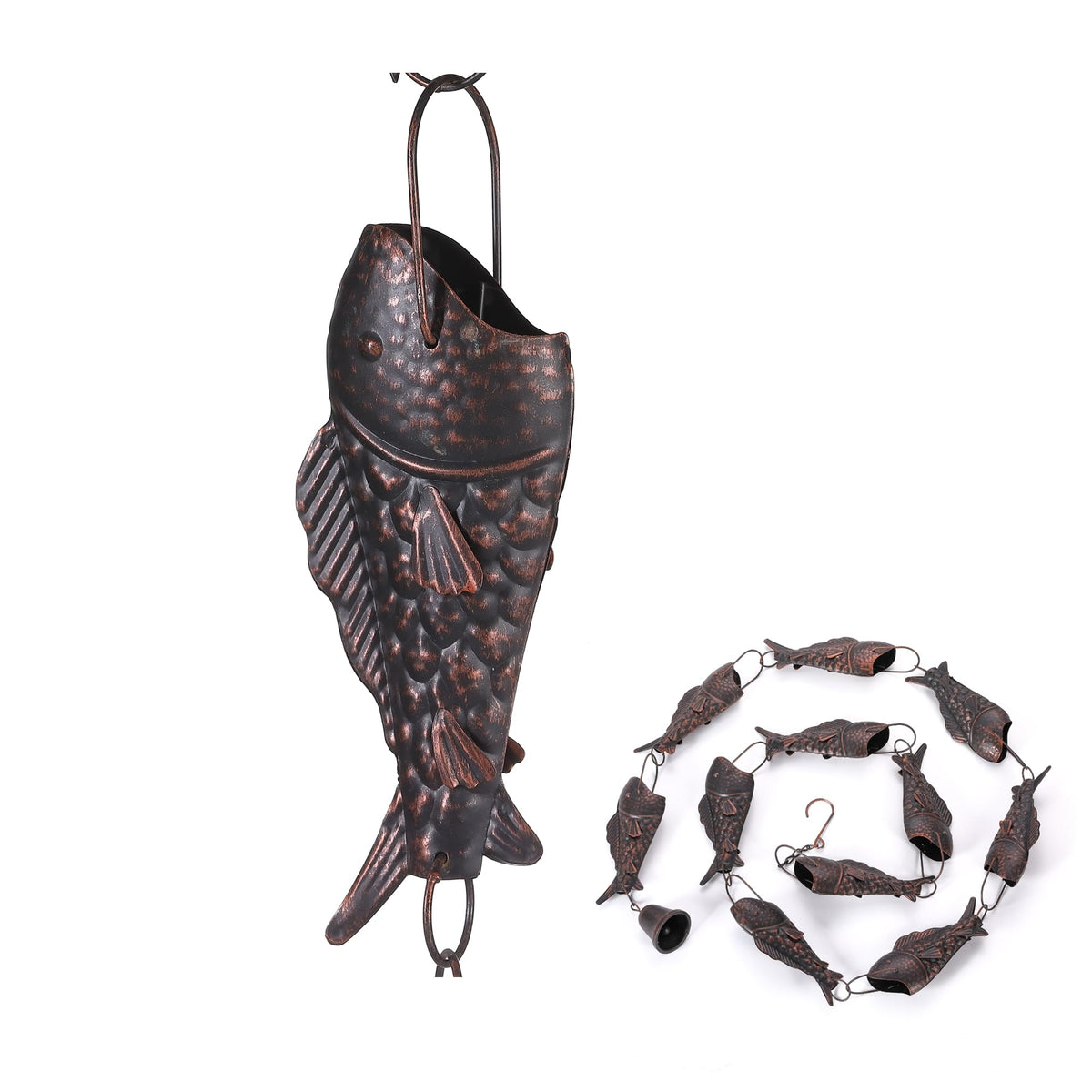 Phaxth Antique Bronze Rain Chain with Rainbow Trout — 8.5 ft Heavy-Duty Gutter Decor