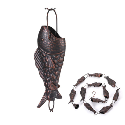 Phaxth Antique Bronze Rain Chain with Rainbow Trout — 8.5 ft Heavy-Duty Gutter Decor