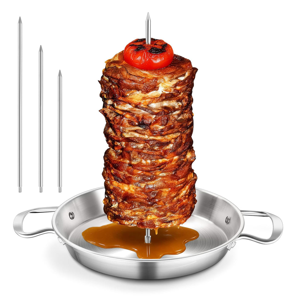 P&P CHEF Shawarma Pan with 3 Spikes — 10\" Vertical Skewer Pan for Grill, Oven & Smoker