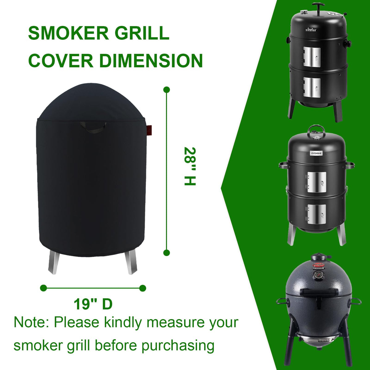 Cover Geny Outdoor Round Vertical Smoker Cover — Fits 19x28, 22x30 and 25x35 Round Smokers (Big Horn Outdoors 16 in, Outvita 17-18.5 in, VIVOHOME, AKORN Jr)