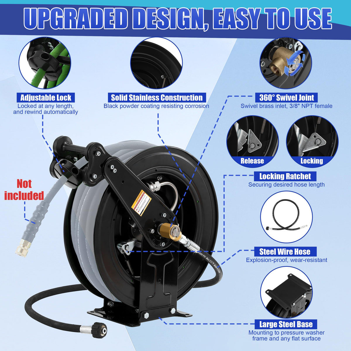FIXFANS 50 ft Auto-Rewind High Pressure Hose Reel, 4000 PSI, Steel Dual Arm