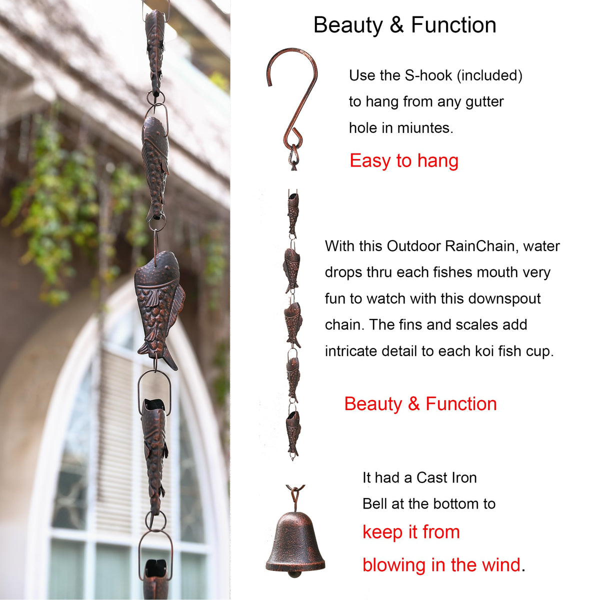 Phaxth Antique Bronze Rain Chain with Rainbow Trout — 8.5 ft Heavy-Duty Gutter Decor