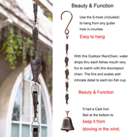 Phaxth Antique Bronze Rain Chain with Rainbow Trout — 8.5 ft Heavy-Duty Gutter Decor