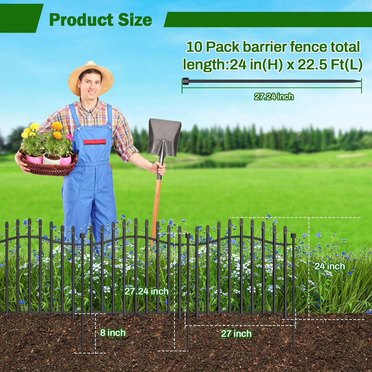 Bilibompa 10-Panel No-Dig Garden Fence | 24 in H x 27 in W, 22.5 ft Long