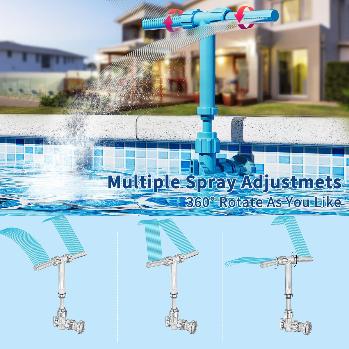 Spyong Pool Fountain 360° Dual Spray, Adjustable Height – 2-in-1 Waterfall for Above/Inground Pools