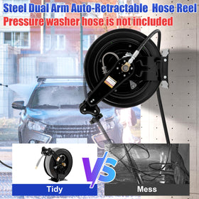 FIXFANS 50 ft Auto-Rewind High Pressure Hose Reel, 4000 PSI, Steel Dual Arm