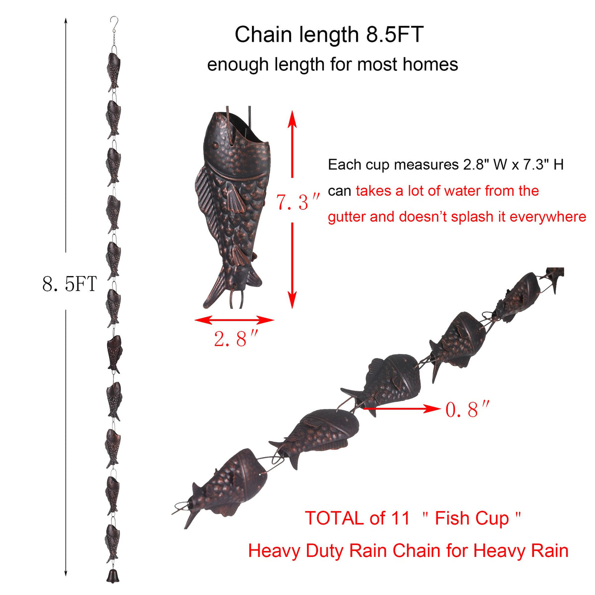 Phaxth Antique Bronze Rain Chain with Rainbow Trout — 8.5 ft Heavy-Duty Gutter Decor