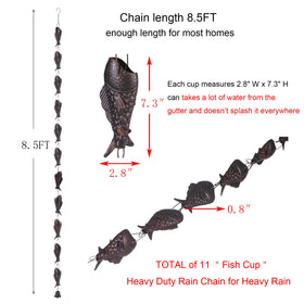 Phaxth Antique Bronze Rain Chain with Rainbow Trout — 8.5 ft Heavy-Duty Gutter Decor