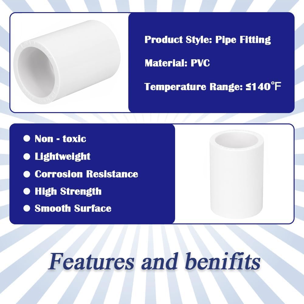 12 Pack 1/2" PVC Pipe Coupling Adapter Pipe Fitting Connector (Socket x Socket), Furniture Build Grade SCH40 1/2 Inch PVC Pipe Slip Socket Connectors for Home or Industrial Use, White