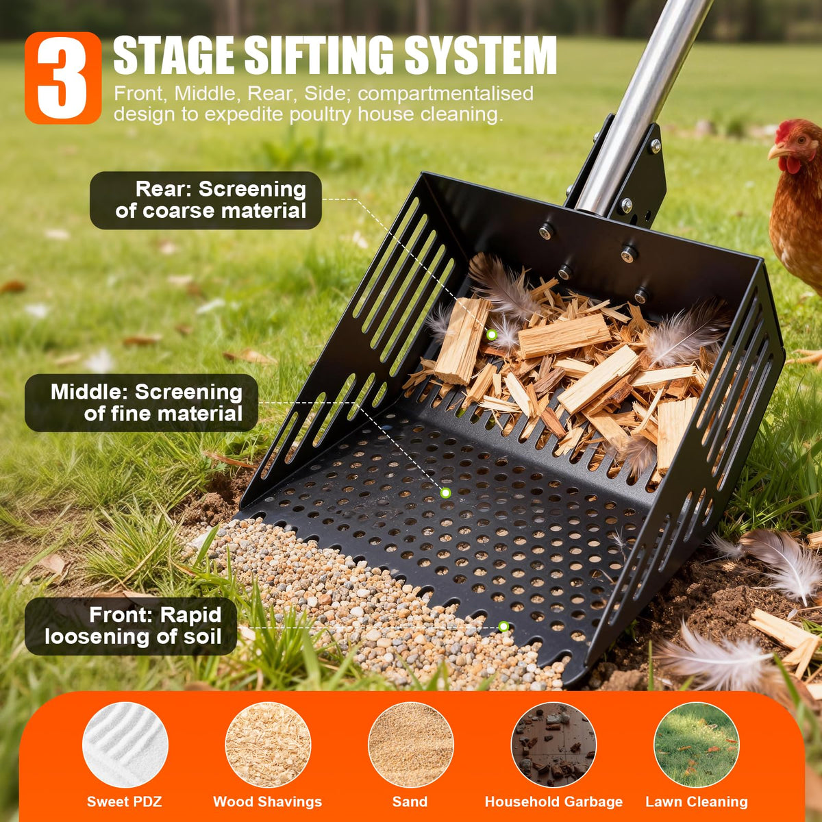 GIFANK Chicken Poop Scooper – 3-in-1 Rake and Sifter, 10-Inch Adjustable Angle