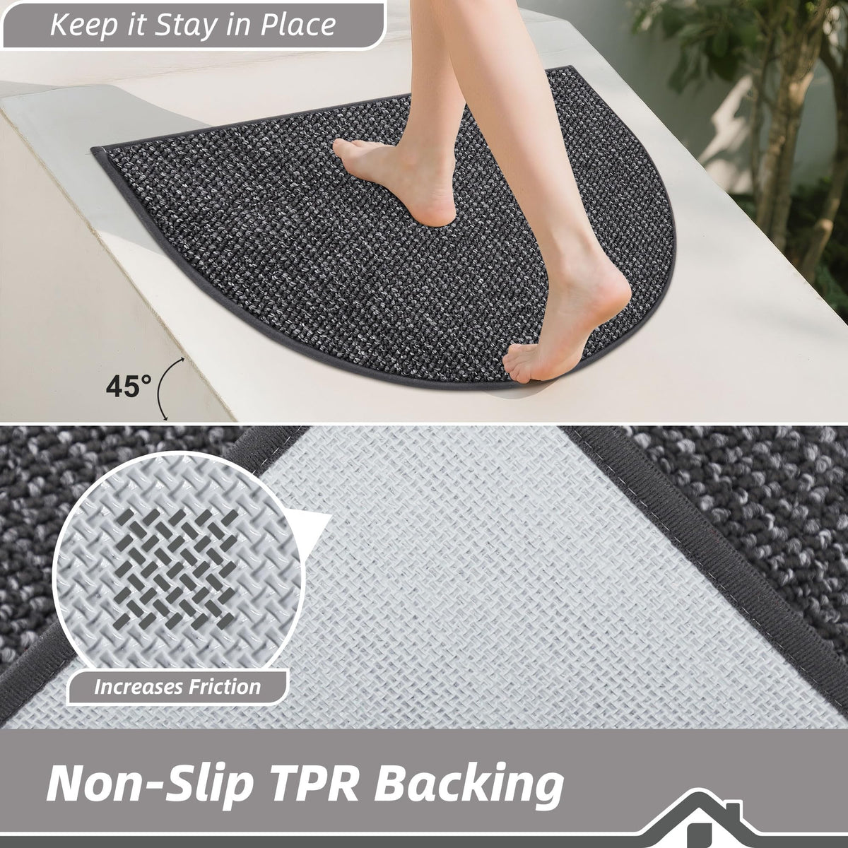 BEQHAUSE Dirt Trapper Door Mat 24" x 36" Half Circle Non-Slip Washable Doormats Entrance Rugs Absorbent Welcome Low Profile Floor Mats for Front Back Door and Entryway, Charcoal