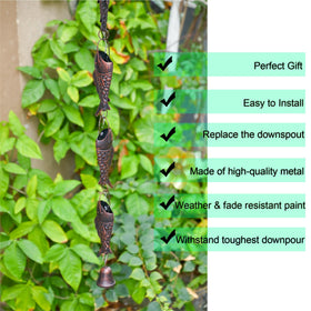 Phaxth Antique Bronze Rain Chain with Rainbow Trout — 8.5 ft Heavy-Duty Gutter Decor