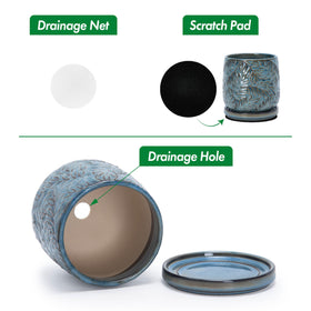 D'vine Dev 4-Inch Embossed Leaves Stoneware Planter Pot – Ocean Teal, Drainage Hole & Saucer (27-A-Z-8)