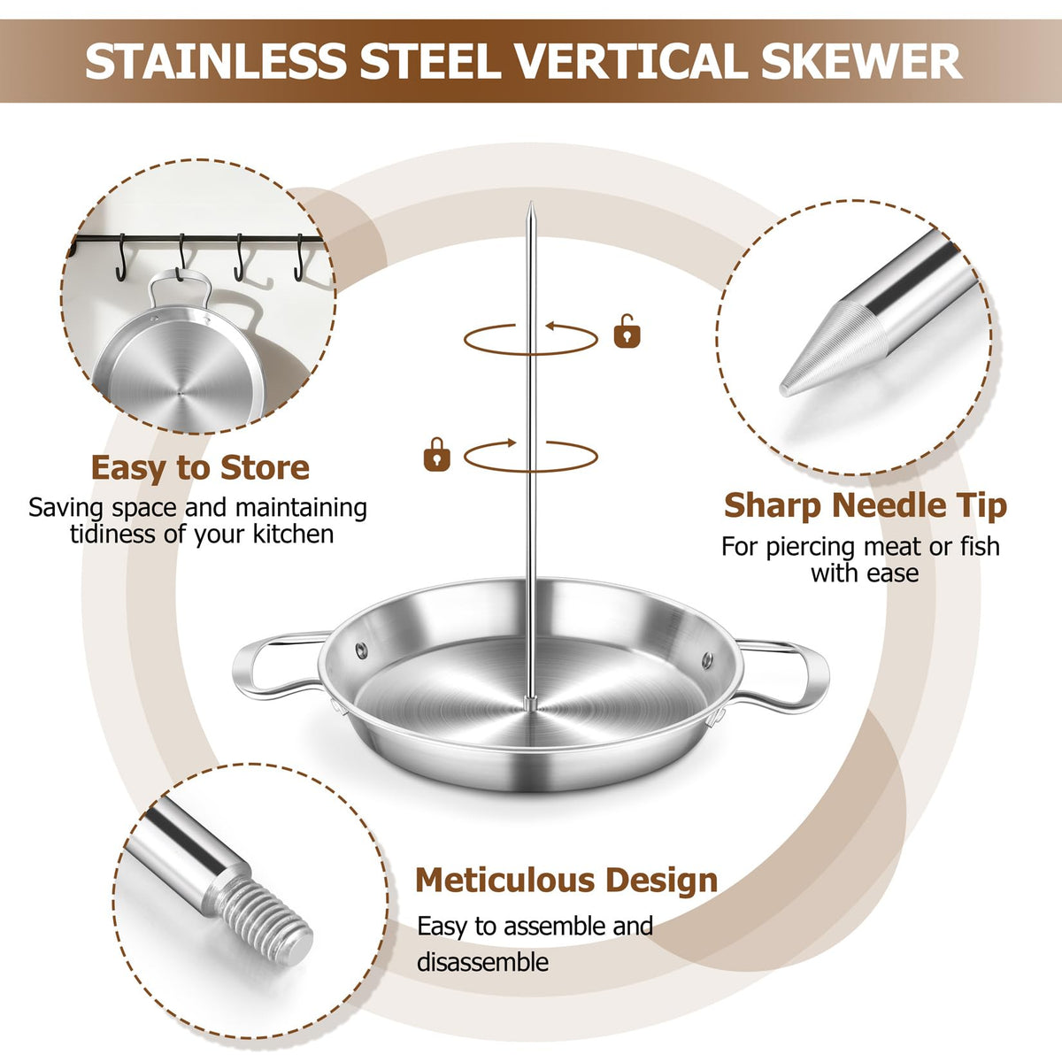 P&P CHEF Shawarma Pan with 3 Spikes — 10\" Vertical Skewer Pan for Grill, Oven & Smoker