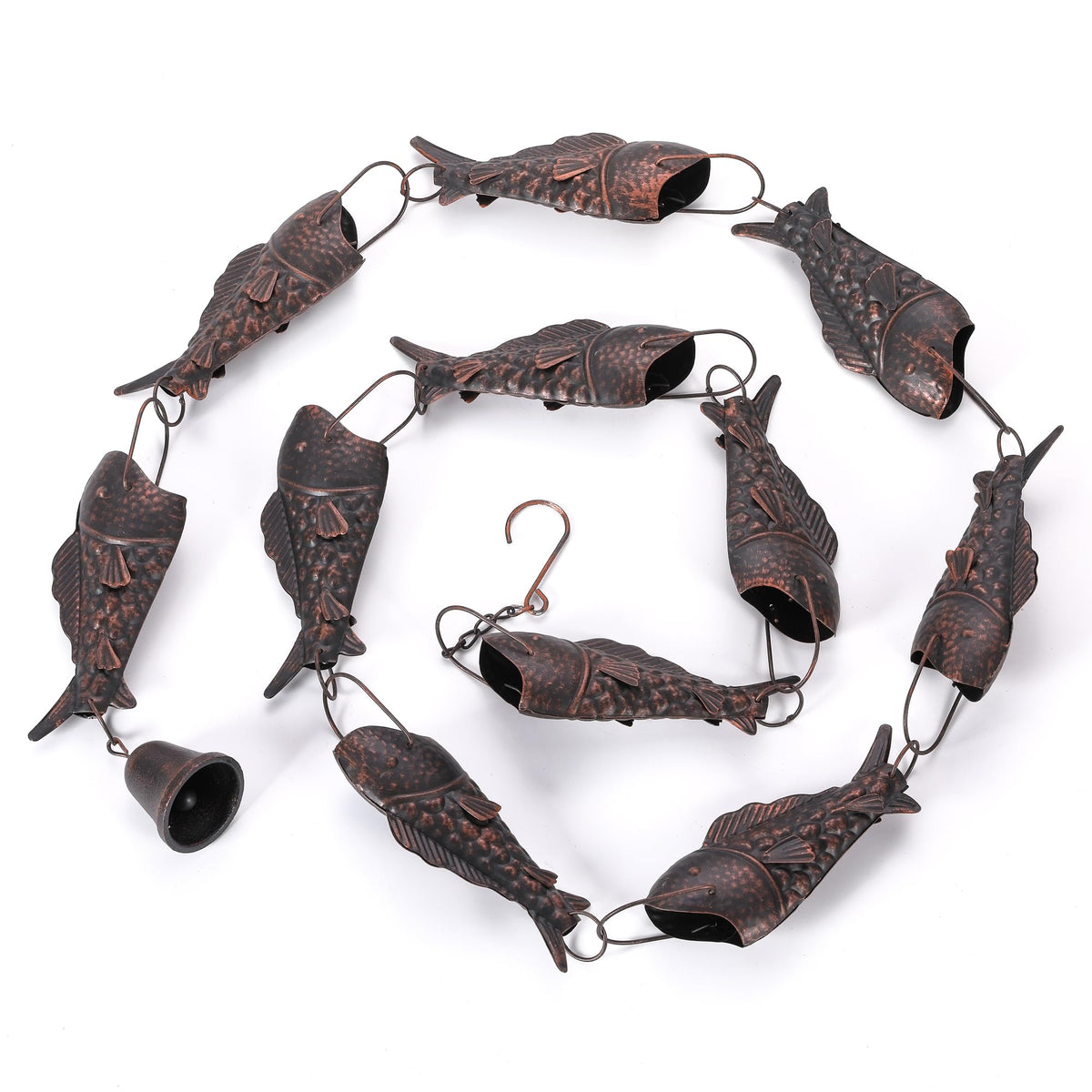 Phaxth Antique Bronze Rain Chain with Rainbow Trout — 8.5 ft Heavy-Duty Gutter Decor