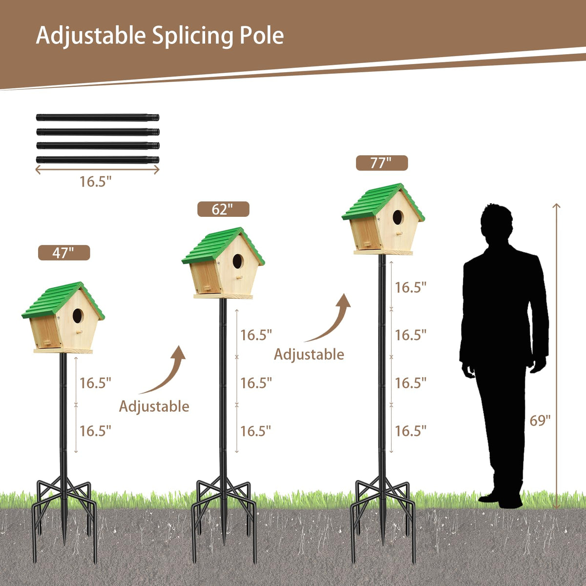 ReTang 77-Inch Heavy Duty Bird Feeder Pole with 5-Prong Base — Rust-Proof, Adjustable & Multi-Function