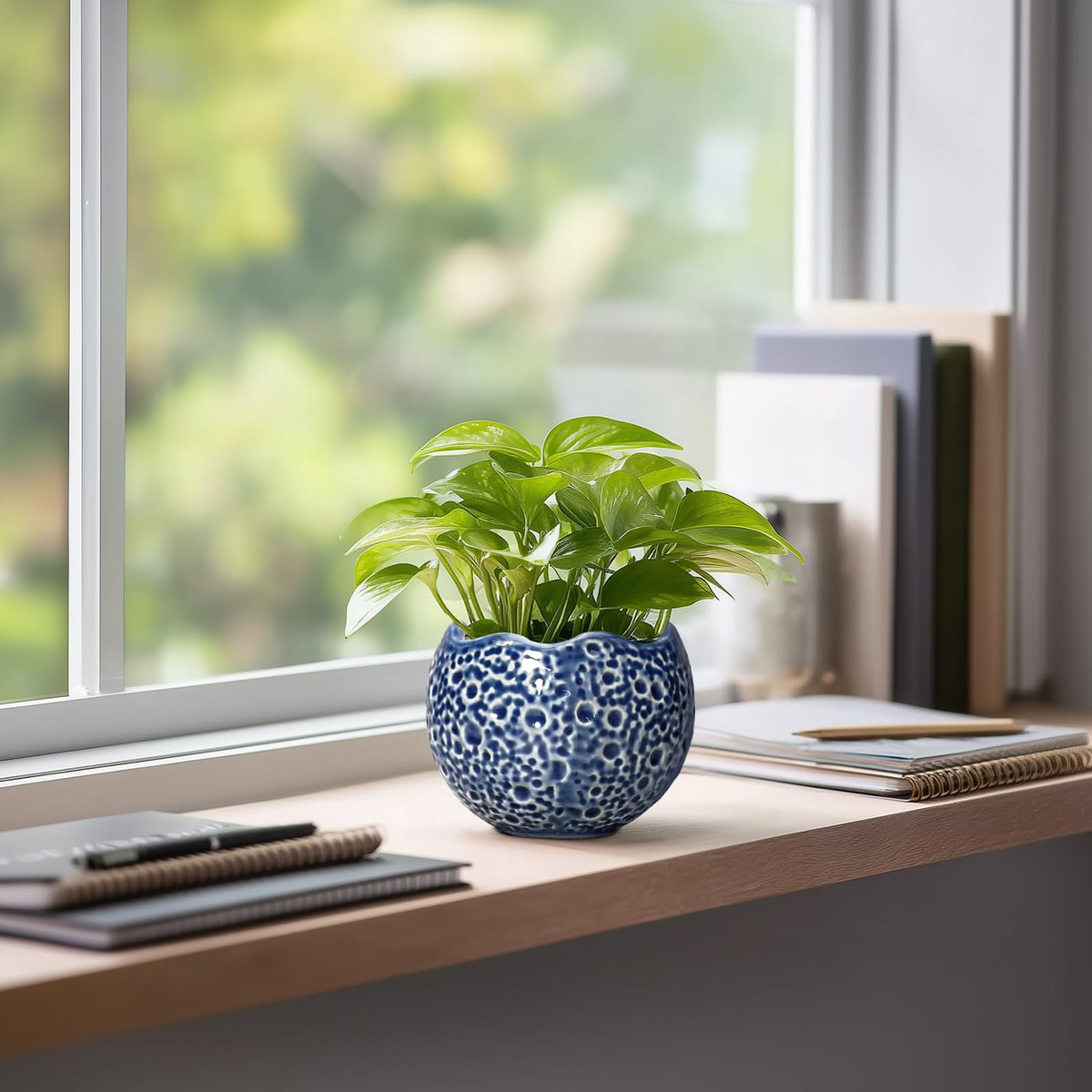 Thirtypot 4-Inch Moon-Design Ceramic Plant Pot with Drainage Hole - Blue | Indoor & Outdoor Decor