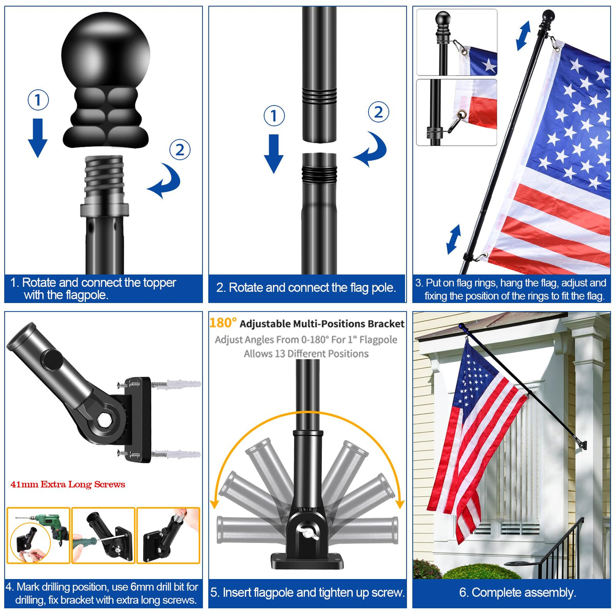 BONWIN 180° adjustable bracket provides 13 angles for ideal flag position