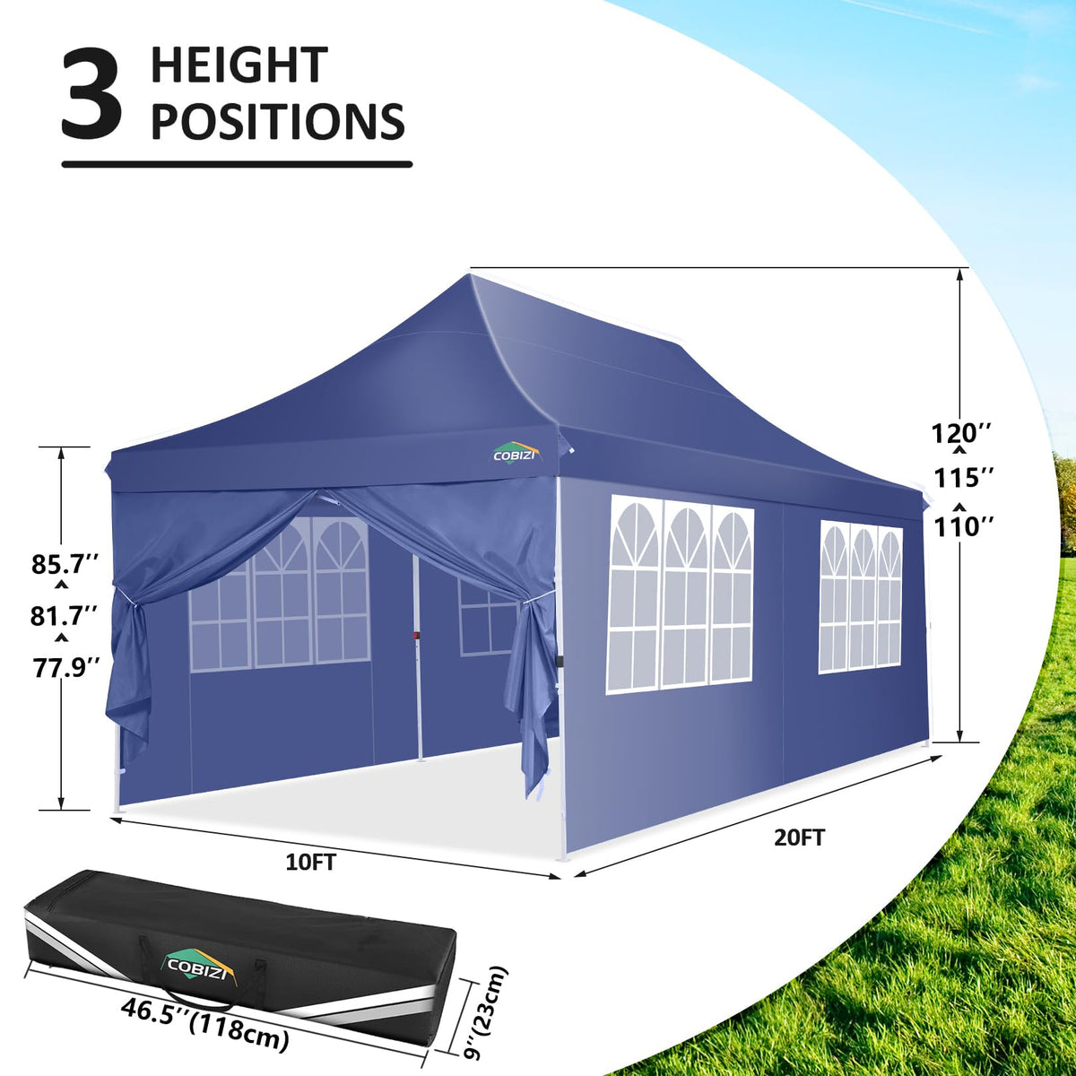 COBIZI adjustable-height frame options 110, 115, 120 inches