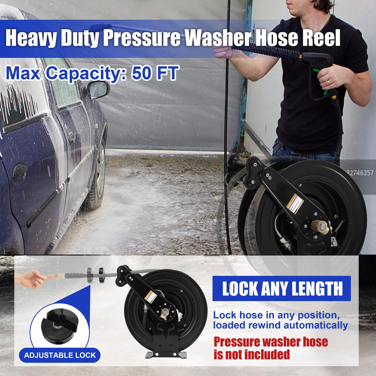 FIXFANS 50 ft Auto-Rewind High Pressure Hose Reel, 4000 PSI, Steel Dual Arm