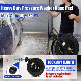 FIXFANS 50 ft Auto-Rewind High Pressure Hose Reel, 4000 PSI, Steel Dual Arm