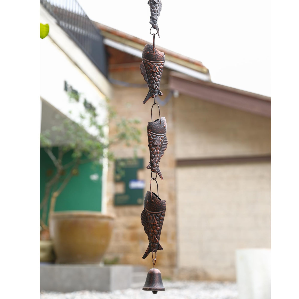 Phaxth Antique Bronze Rain Chain with Rainbow Trout — 8.5 ft Heavy-Duty Gutter Decor