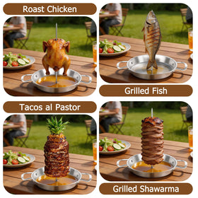 P&P CHEF Shawarma Pan with 3 Spikes — 10\" Vertical Skewer Pan for Grill, Oven & Smoker
