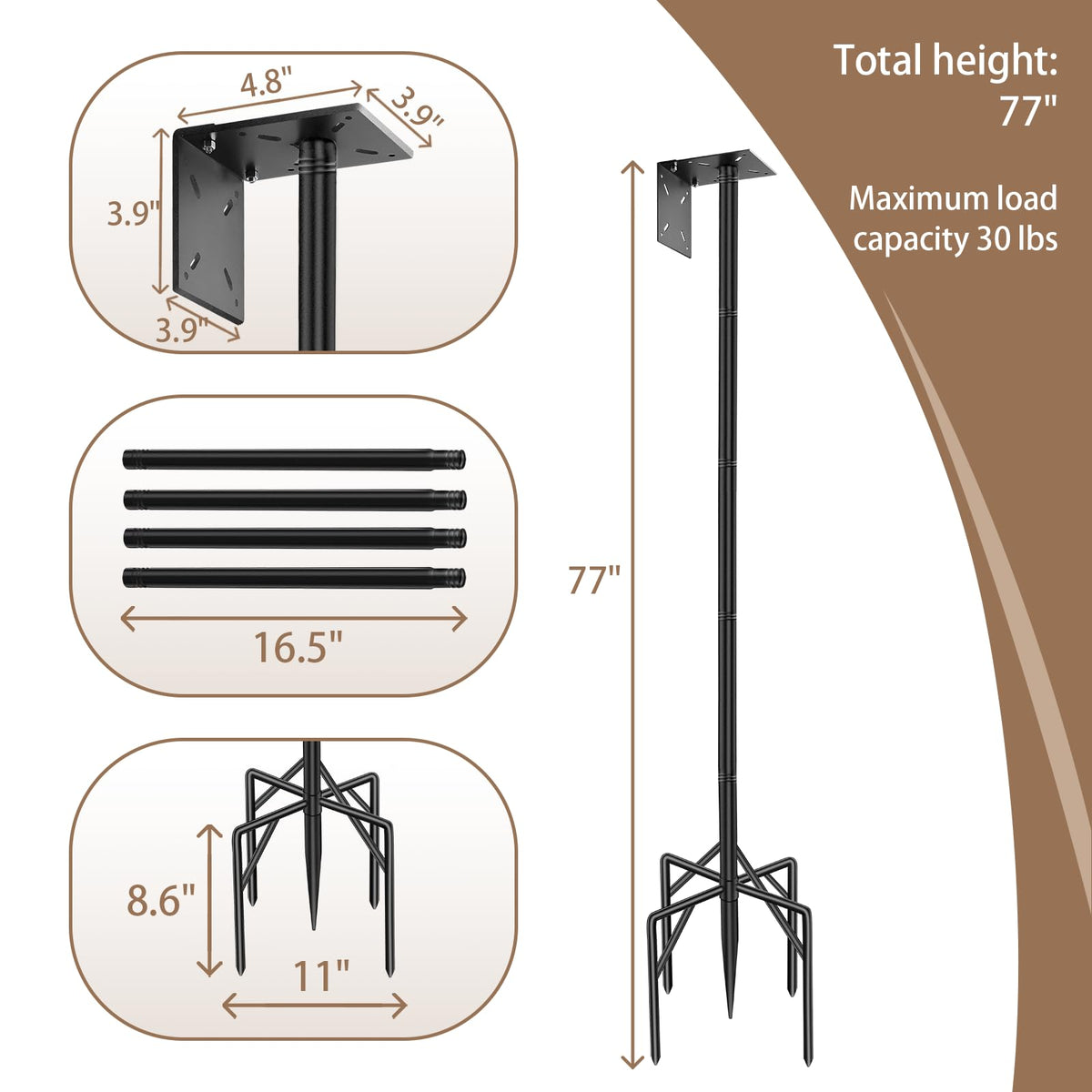 ReTang 77-Inch Heavy Duty Bird Feeder Pole with 5-Prong Base — Rust-Proof, Adjustable & Multi-Function