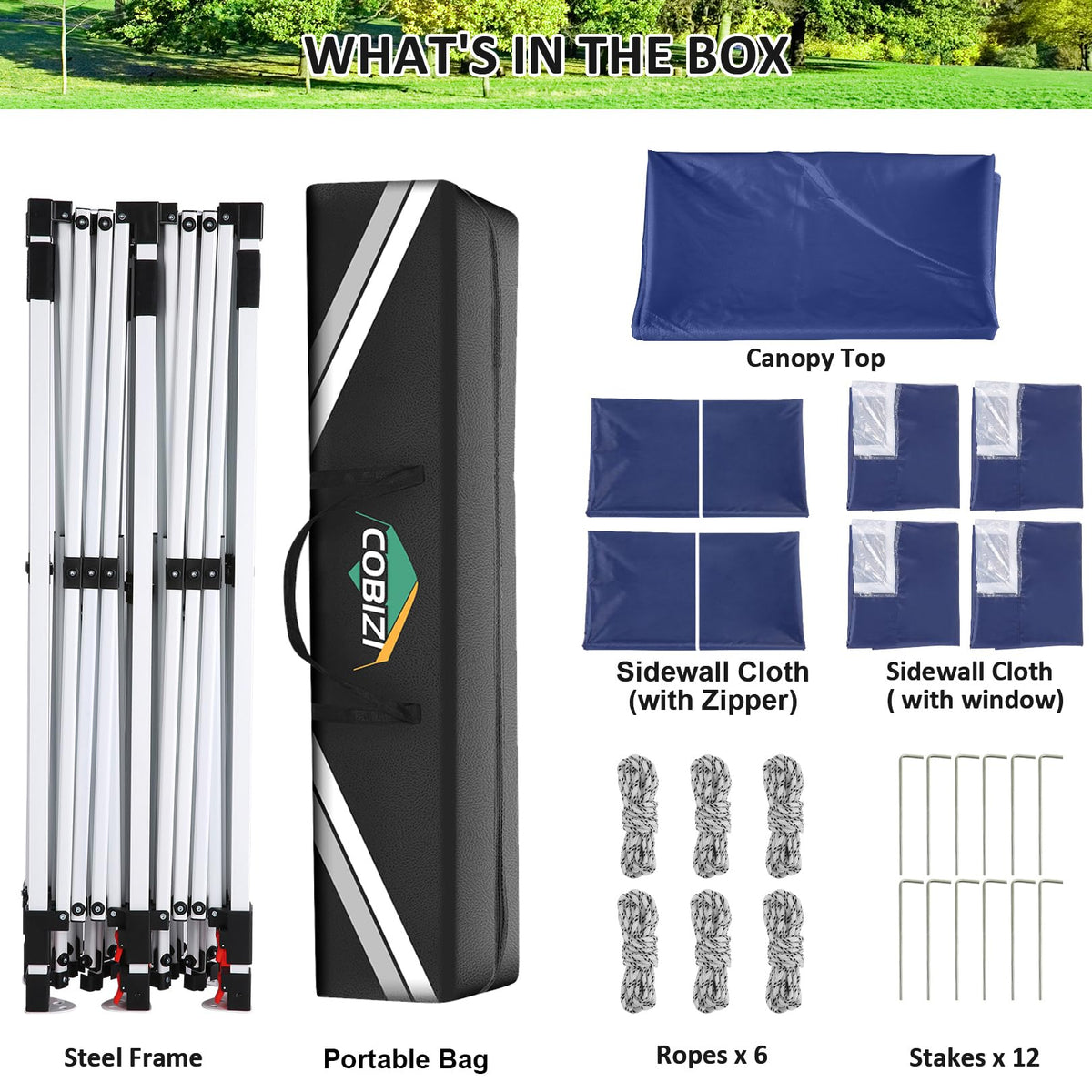 COBIZI complete accessories include stakes and ropes for stability