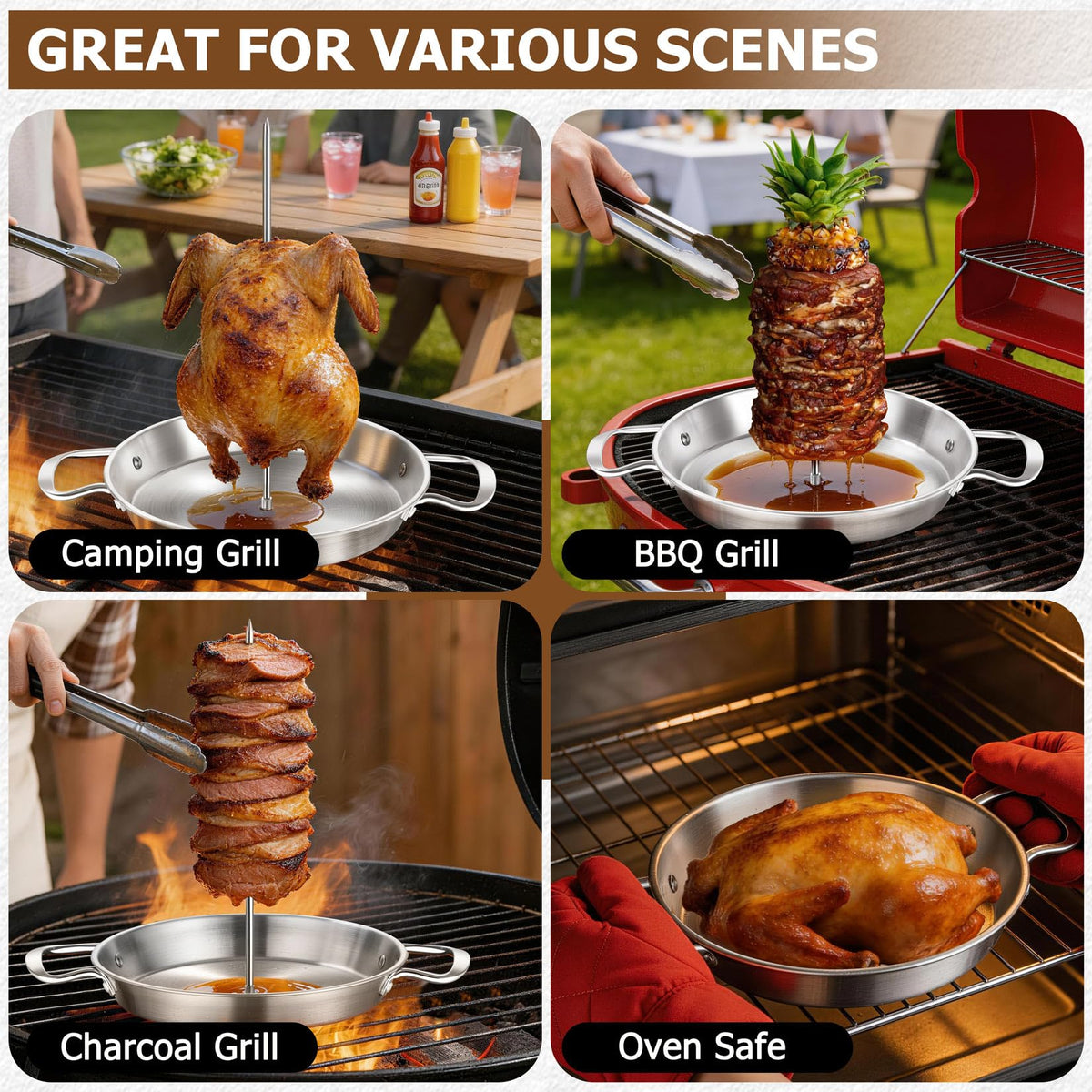 P&P CHEF Shawarma Pan with 3 Spikes — 10\" Vertical Skewer Pan for Grill, Oven & Smoker