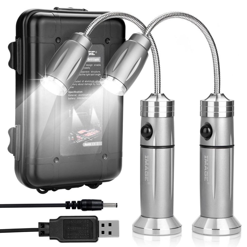 IMAGE rechargeable grill light with magnetic base attached to iron surface for hands-free lighting