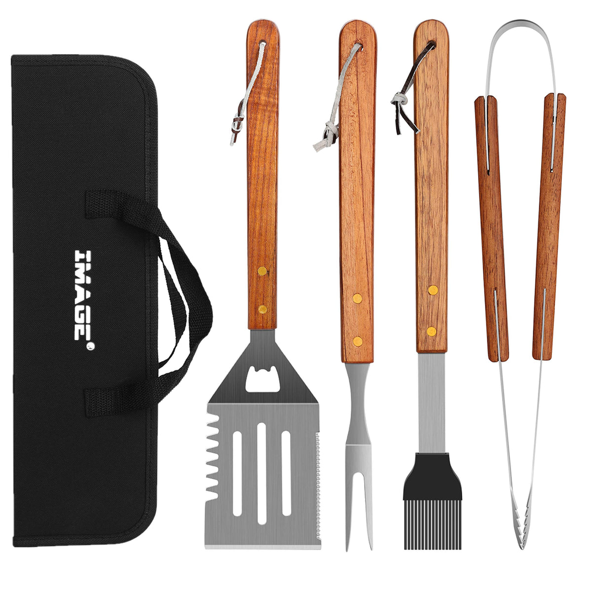 IMAGE Wooded BBQ spatula ready for grilling with serrated edge.