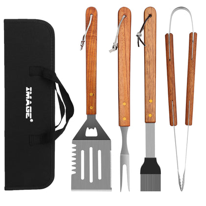 IMAGE Wooded BBQ spatula ready for grilling with serrated edge.