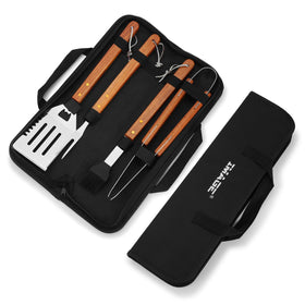 IMAGE Wooded BBQ tongs sturdy grip for flipping and turning.