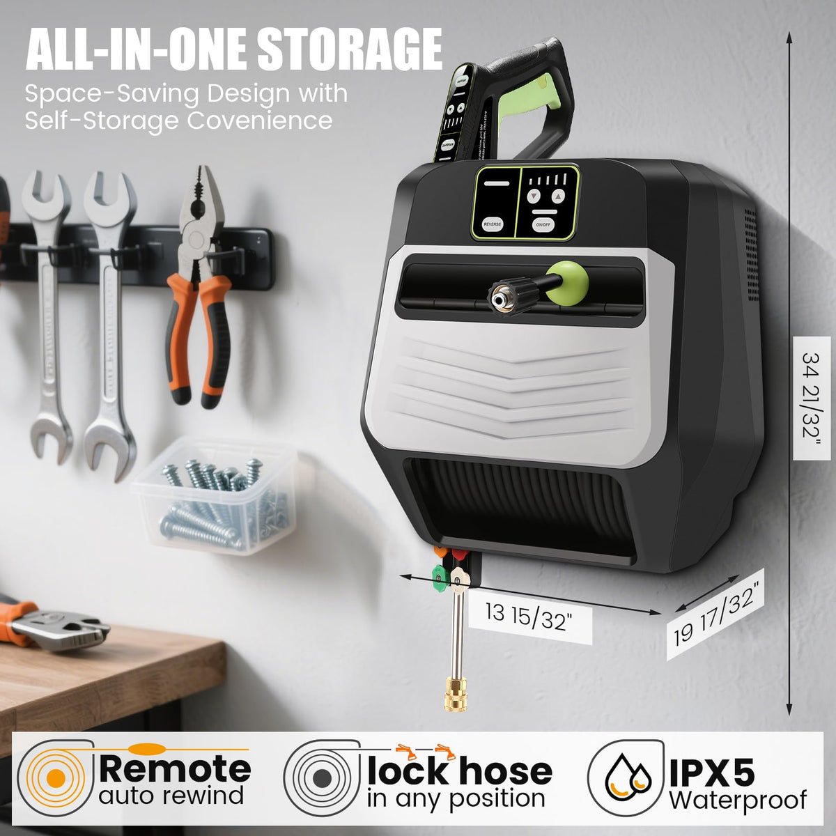 Imdot durable reel and auto-rewind simplify storage after use.