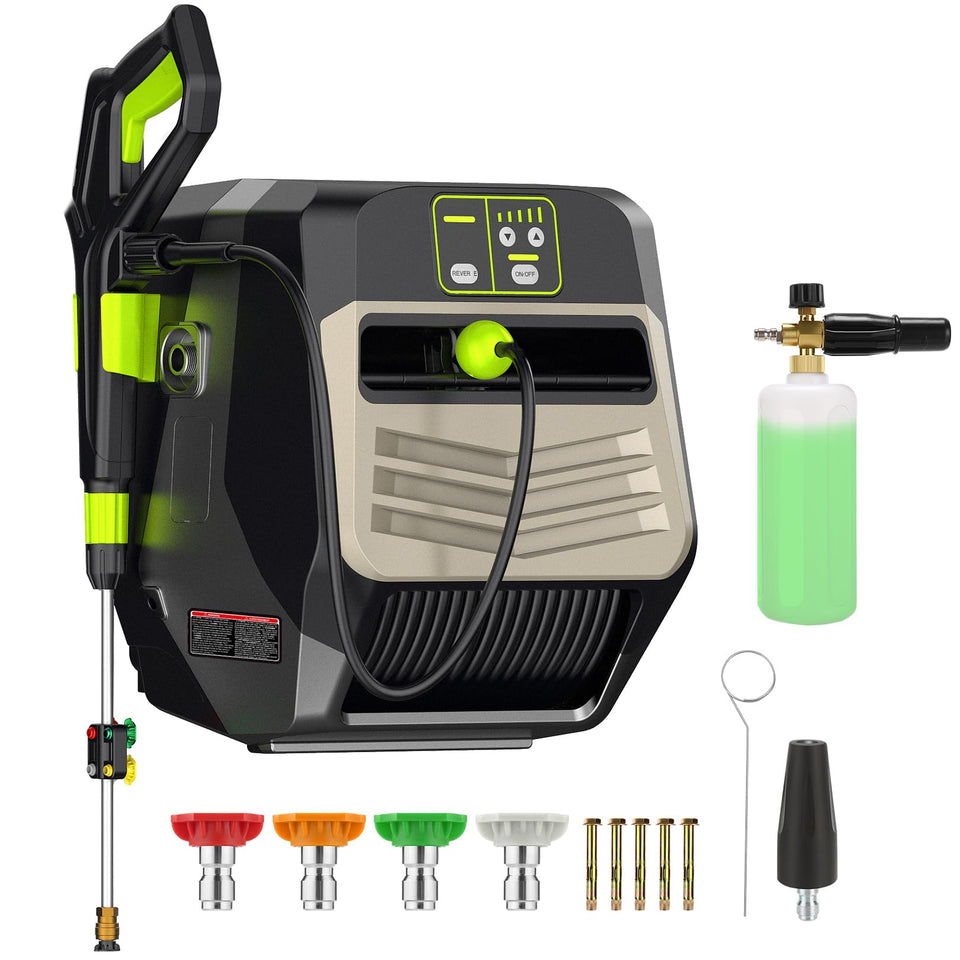 Imdot wall-mounted pressure washer ready for space-saving outdoor cleaning.