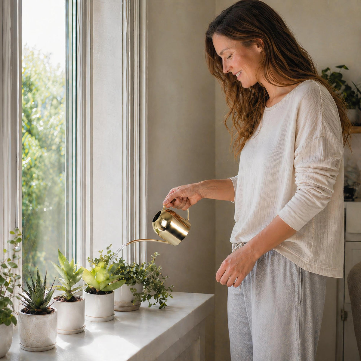 IMEEA Gold Watering Can on a desk for easy plant care