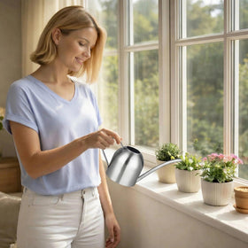 IMEEA stainless steel watering can on a desk for herbs.