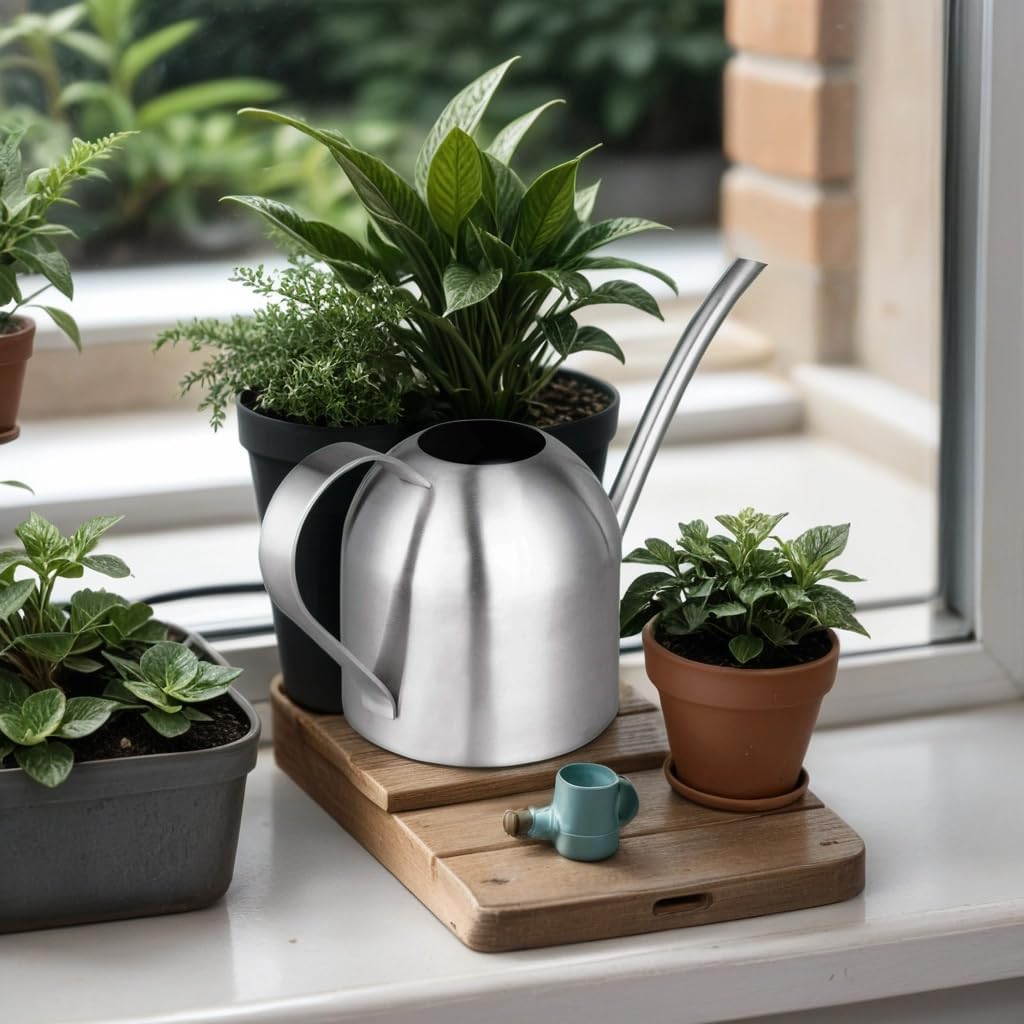 IMEEA long-spout pour directs water to root zone of potted plants.