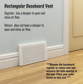 Imperial white baseboard return grill close-up fins angled 20 degrees for efficient airflow.