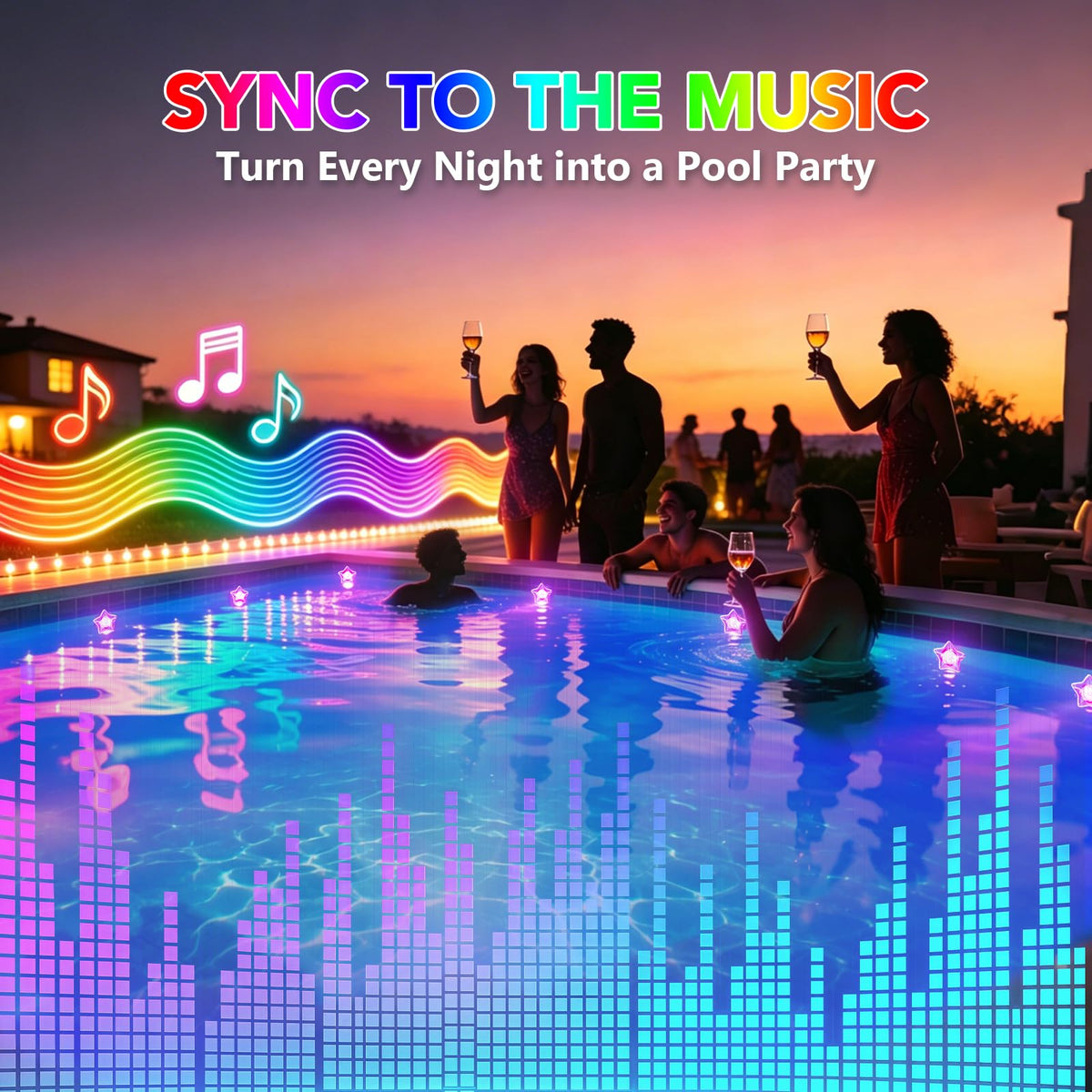 Implimage submersible LED pool light for vibrant backyard ambience.