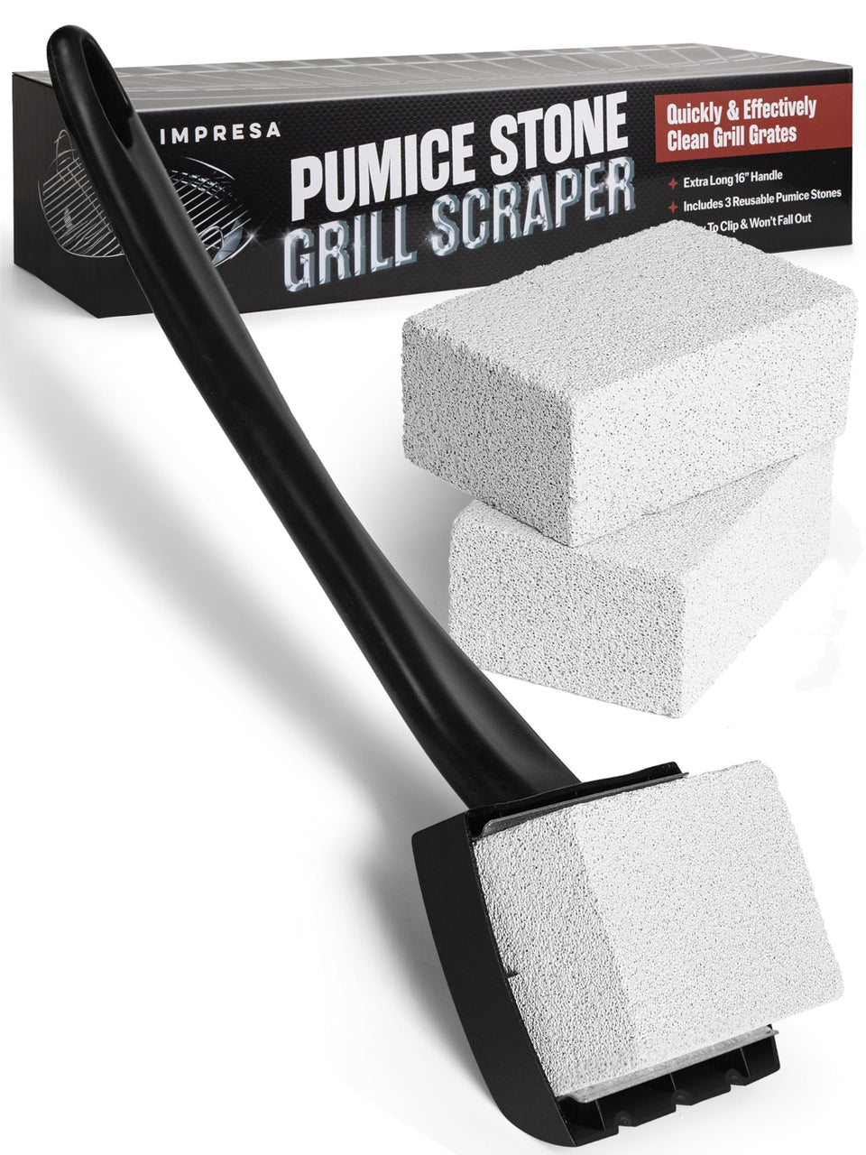 IMPRESA pumice stone grill brush 5x2 inch head removes grease for a spotless grill.
