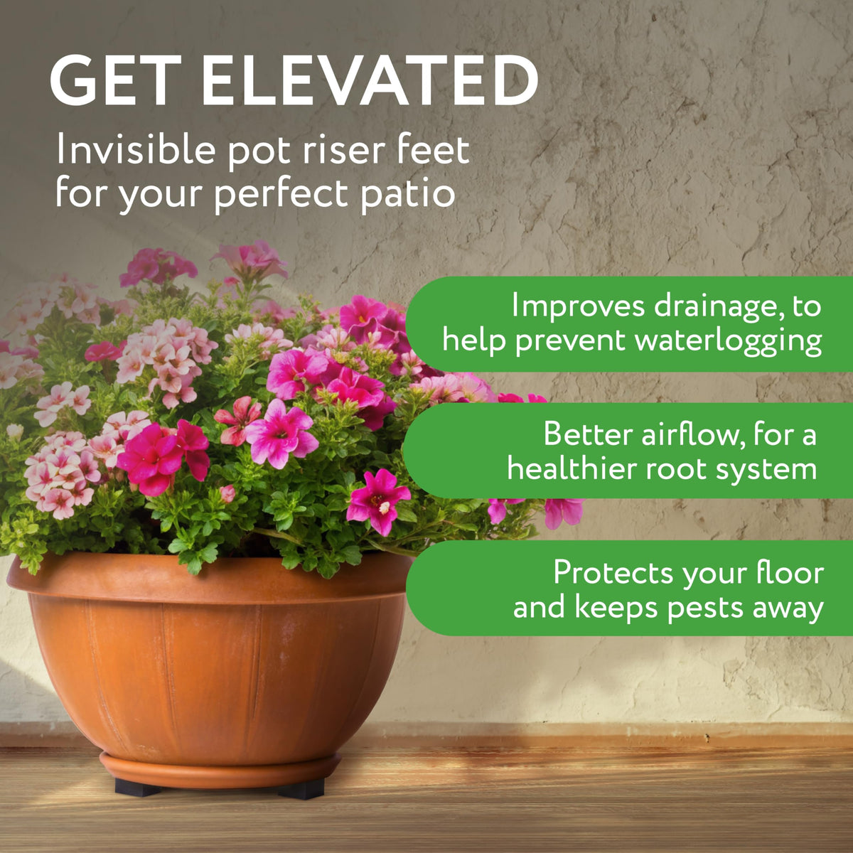 IMPRESA pot risers placed under the pot stabilize a heavy planter on a wet surface.