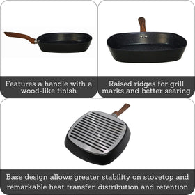 Imusa Madera aluminum construction shown for durable everyday grilling